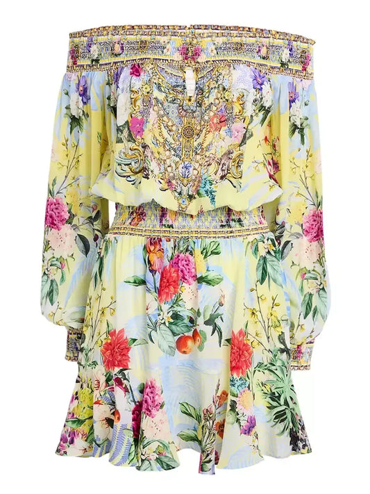 Off-Shoulder Printed Shirred Blouson Mini Dress - Dresses