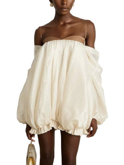 Off-Shoulder Puff Mini Dress with Contrasting Details - Dresses