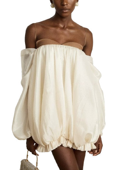 Off-Shoulder Puff Mini Dress with Contrasting Details - Dresses