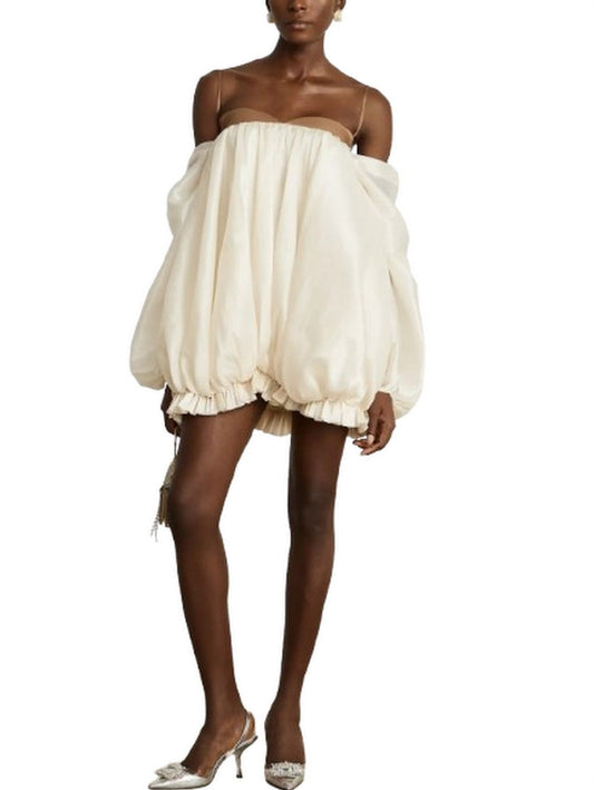 Off-Shoulder Puff Mini Dress with Contrasting Details - Dresses