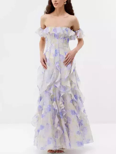Off-Shoulder Ruffled Corseted Tiered Maxi Dress - Dresses