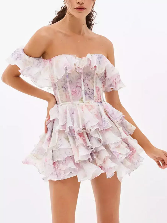 Off-Shoulder Ruffled Corseted Tiered Mini Dress - Dresses