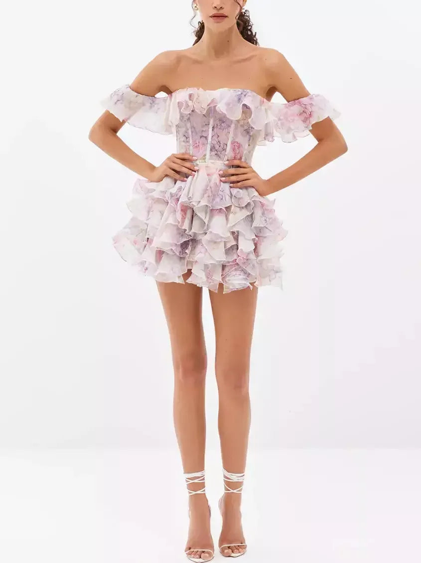 Off-Shoulder Ruffled Corseted Tiered Mini Dress - Dresses