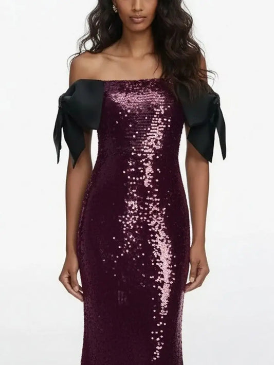 Off-Shoulder Sequin Gown with Black Bow Accents - Dresses
