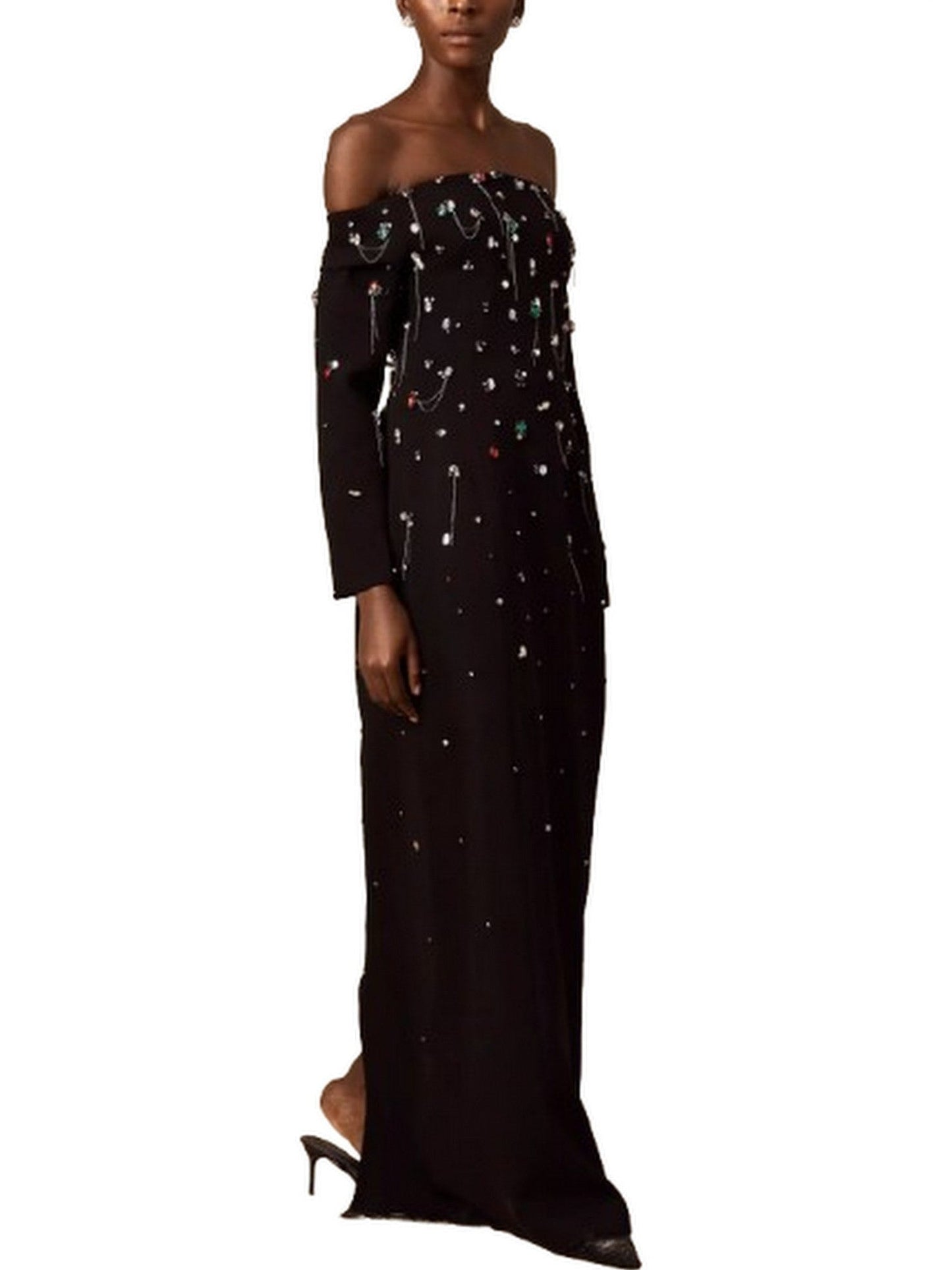Off-The-Shoulder Dress with Rhinestones and Chains - Dresses
