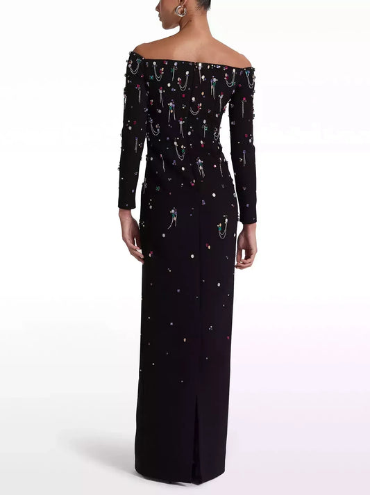 Off-The-Shoulder Dress with Rhinestones and Chains - Dresses