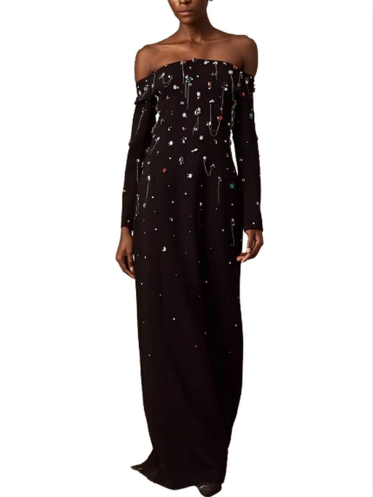 Off-The-Shoulder Dress with Rhinestones and Chains - Dresses