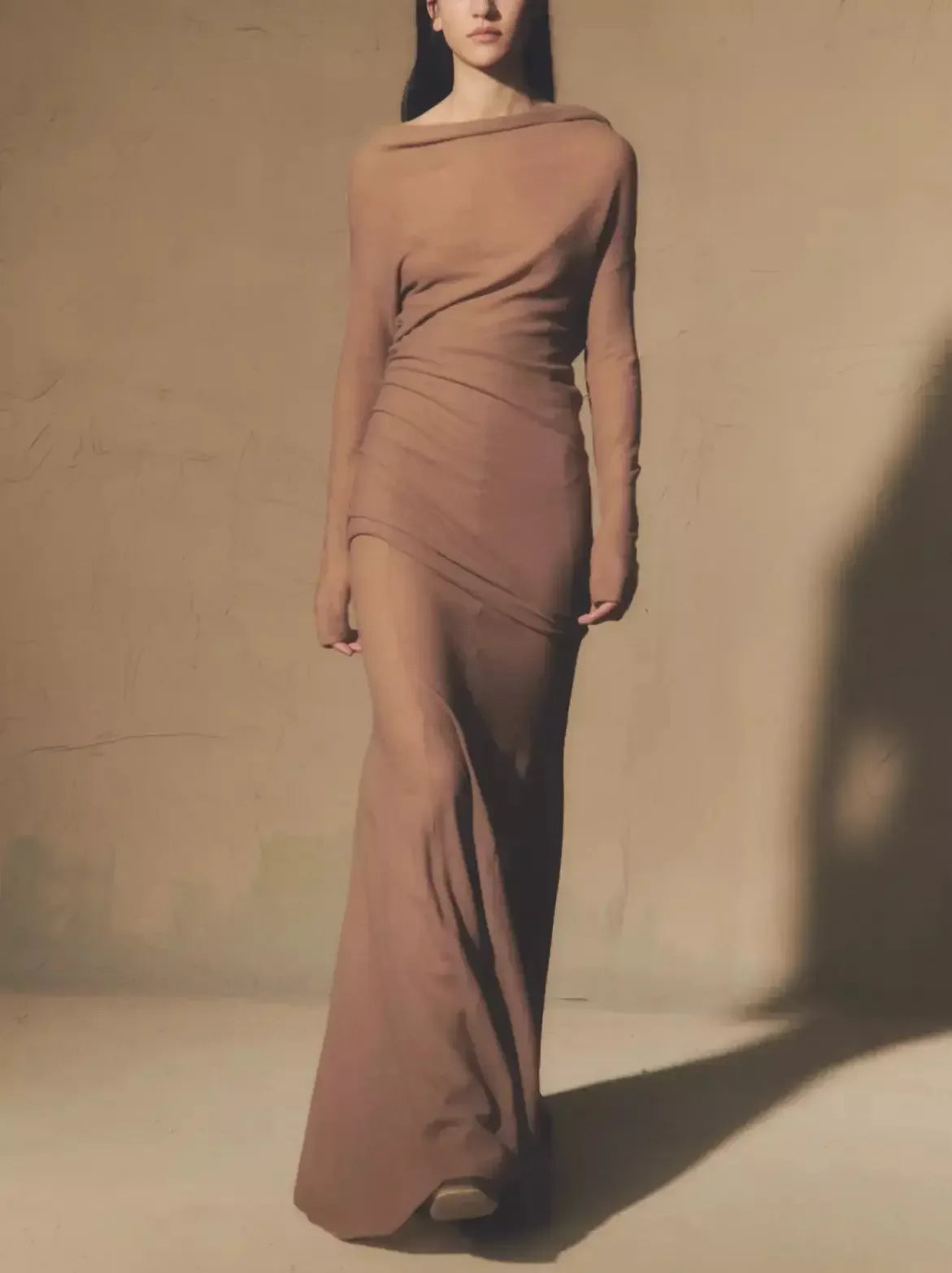 Off-The-Shoulder Knit Long Sleeve Top and Maxi Skirt Set in Camel - Suits & Sets