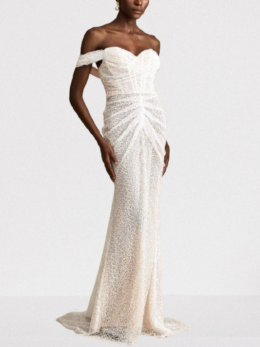 Off-The-Shoulder Long Sequined Corset White Dress - Dresses