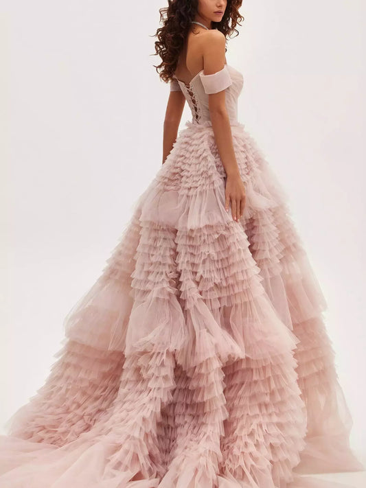 Off-the-shoulder tiered tulle corset gown in pink with ruffled details
