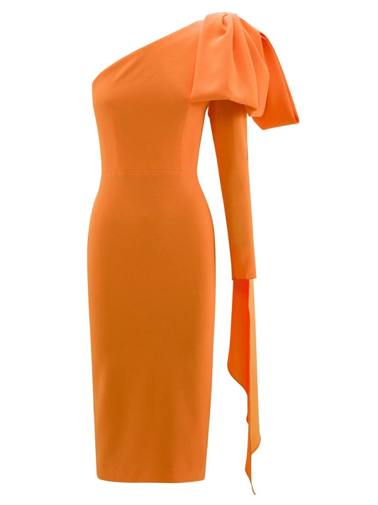 One-Shoulder Bow Fitted Midi Dress in Orange - Dresses