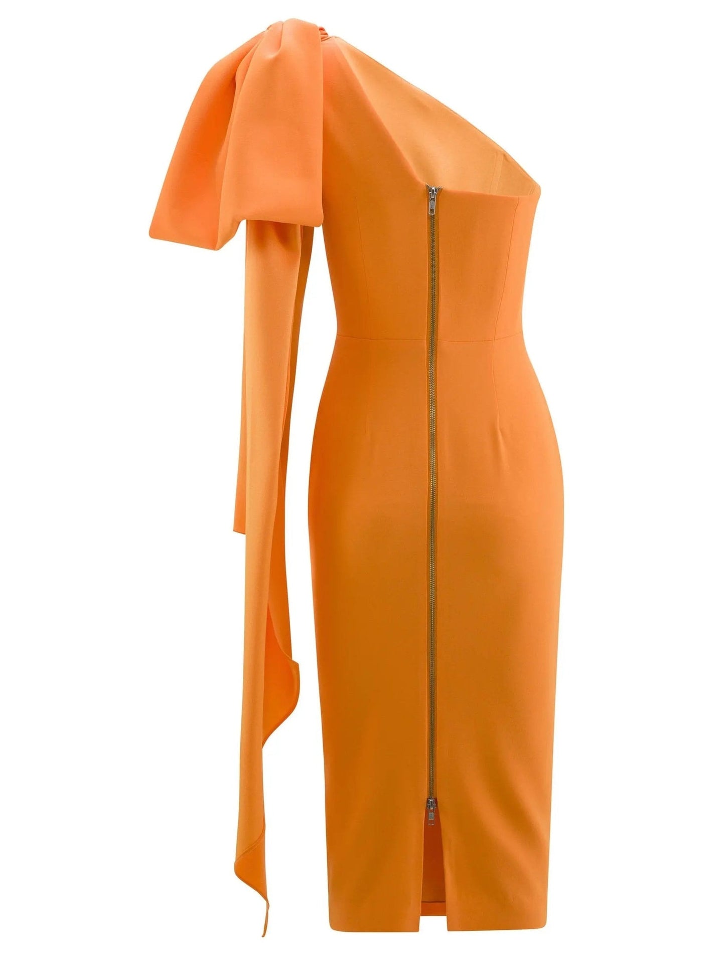 One-Shoulder Bow Fitted Midi Dress in Orange - Dresses