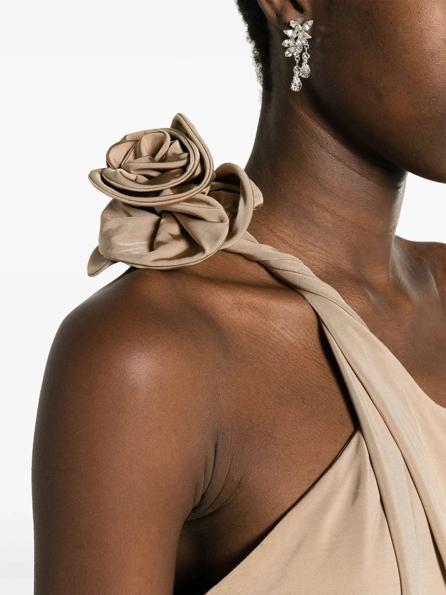 One-Shoulder Floral-Appliqué Dress in Beige - Dresses
