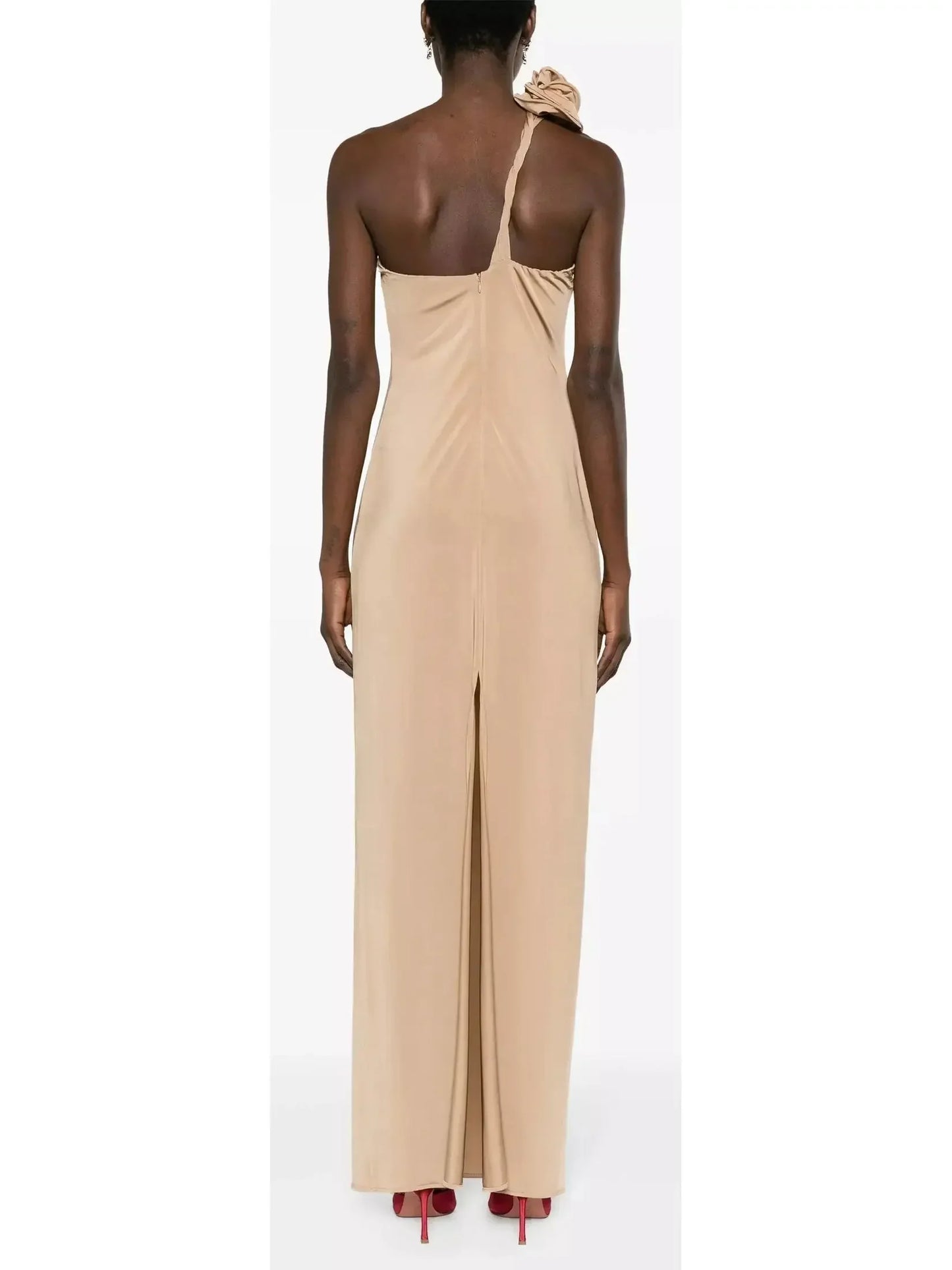 One-Shoulder Floral-Appliqué Dress in Beige - Dresses