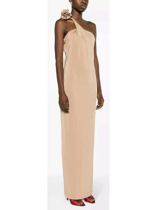 One-Shoulder Floral-Appliqué Dress in Beige - Dresses