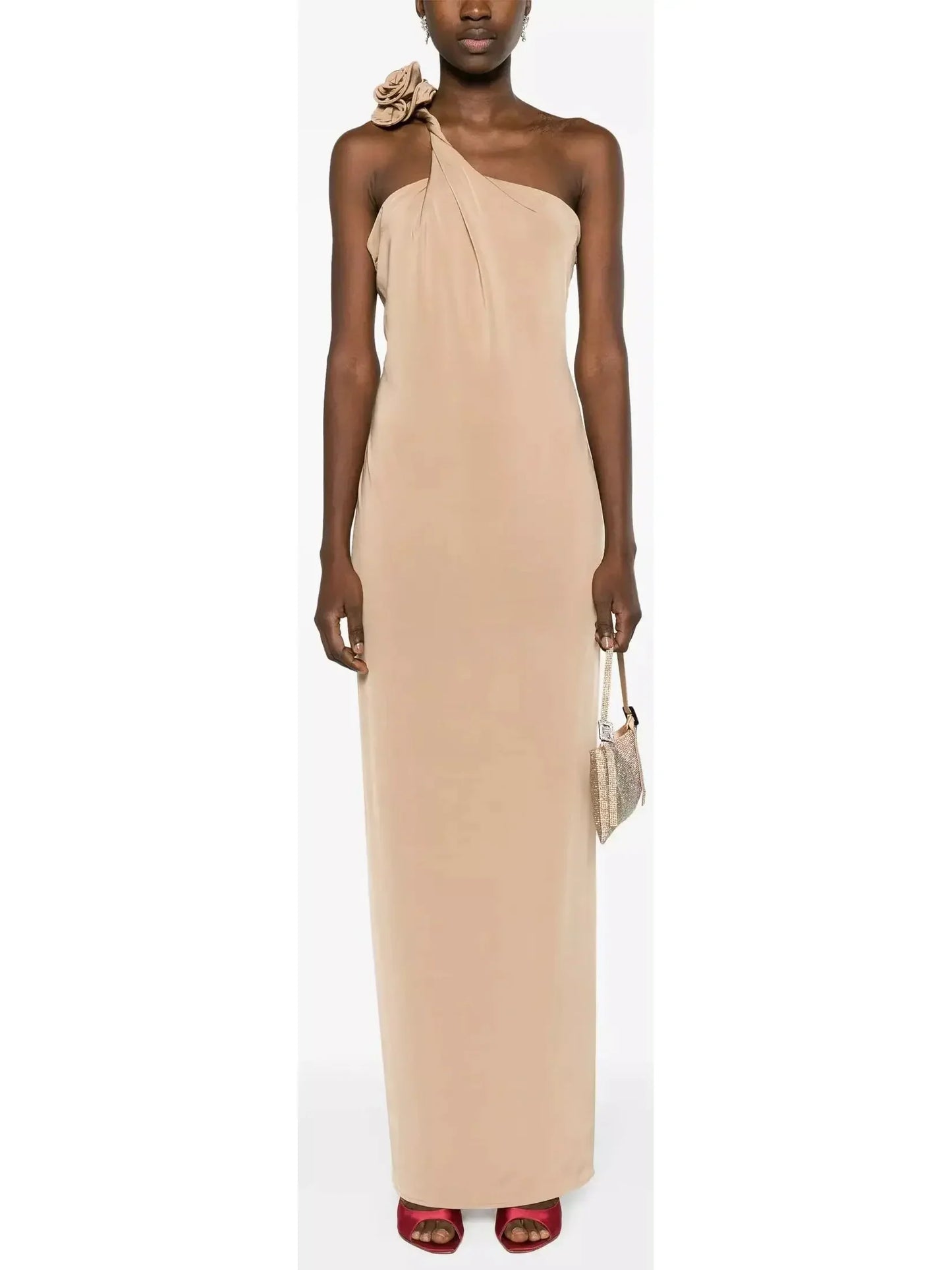 One-Shoulder Floral-Appliqué Dress in Beige - small - Dresses