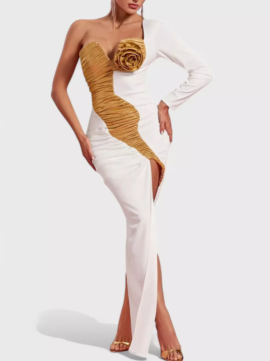 One-Sleeve White gown with Gold Flower Applique - Dresses