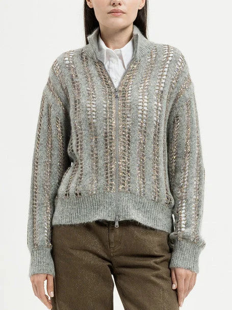 Open Knit Zip Cardigan with Sequins in Grey - Sweaters & Knitwear