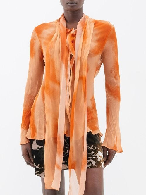 Orange Tie-Dye Scarf Blouse and Skirt Set - Suits & Sets