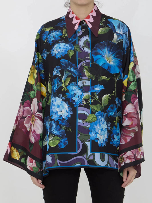 Oversize Silk Shirt with Floral Print - Tops