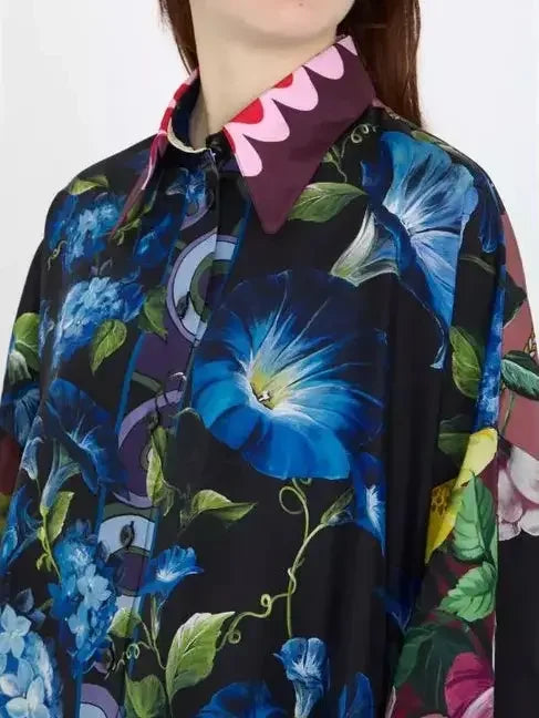 Oversize Silk Shirt with Floral Print - Tops