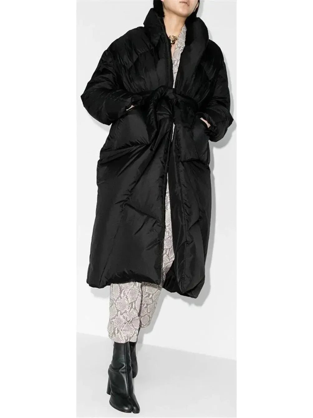 Oversized Black Wrap Down Coat - Coats