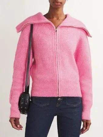 Oversized-Collar Pink Zip-Up Cardigan Sweater - Sweaters & Knitwear