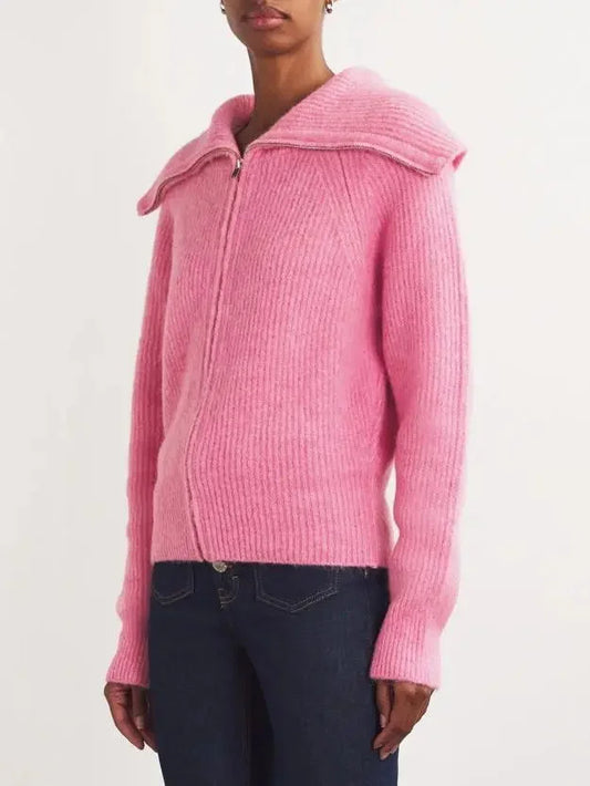 Oversized-Collar Pink Zip-Up Cardigan Sweater - Sweaters & Knitwear