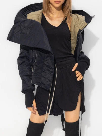 Padded Shell Hooded Bomber Parka Jacket in Black - Jackets