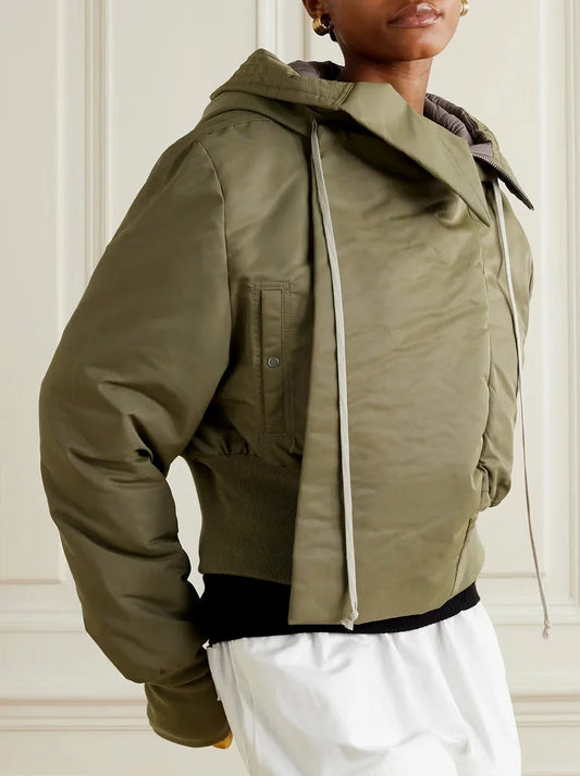 Padded Shell Hooded Bomber Parka Jacket in Military Green - Jackets