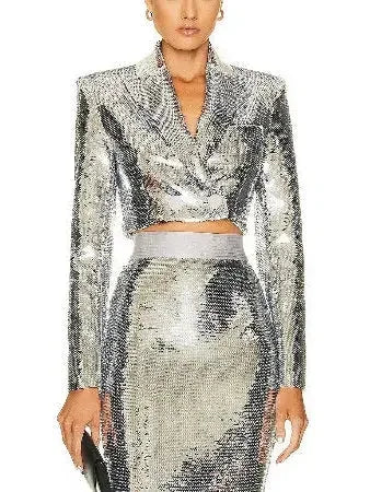 Pagett Silver Sequin Cropped Blazer and Skirt Set - Suits & Sets