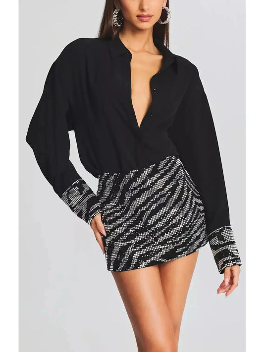 Pailette-Embellished Cuff and Skirt Shirt-Dress - Dresses