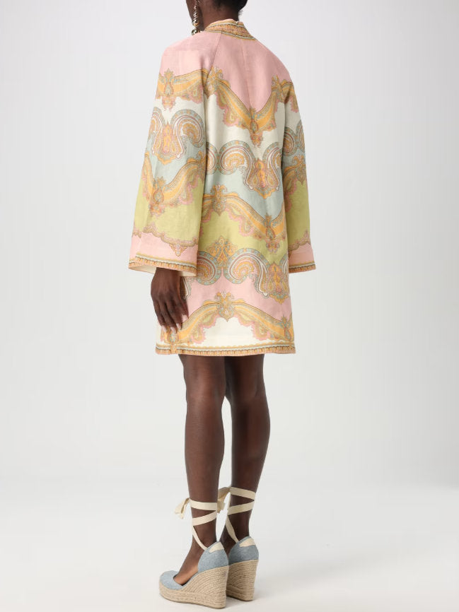 Paisley Printed V-Neck Linen Short Tunic Dress - Dresses
