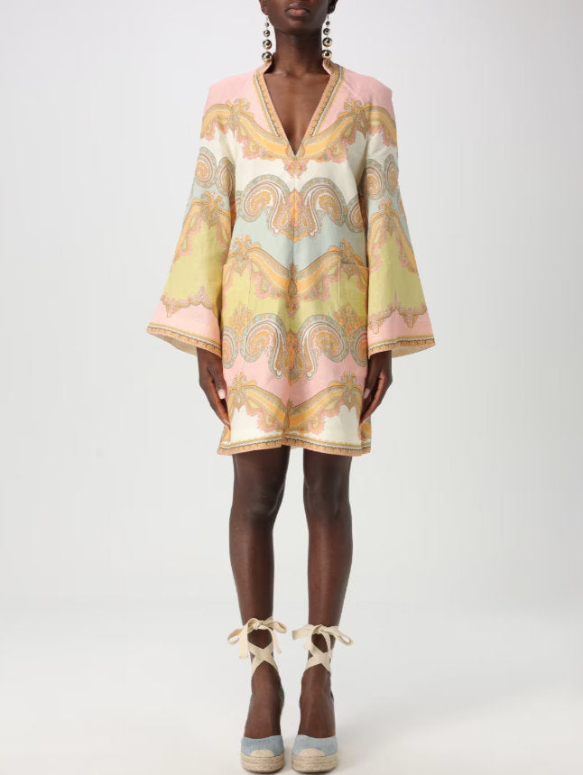 Paisley Printed V-Neck Linen Short Tunic Dress - Dresses