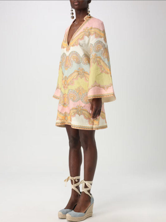 Paisley Printed V-Neck Linen Short Tunic Dress - Dresses