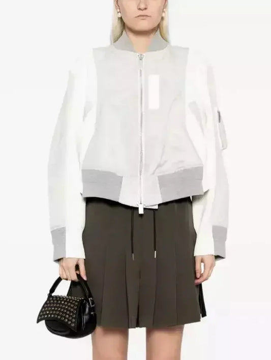 Paneled Bomber Jacket in White and Light Gray - Jackets