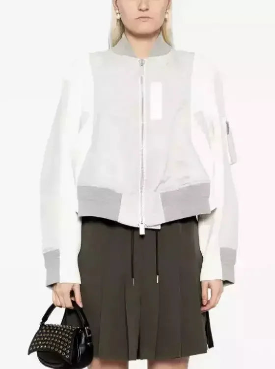 Paneled Bomber Jacket in White and Light Gray - Jackets