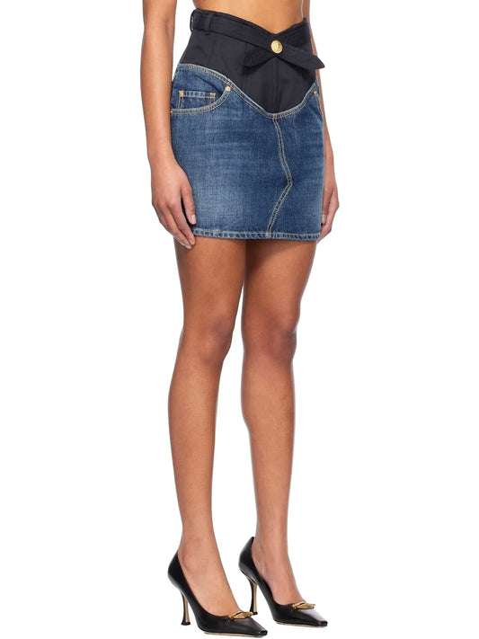Paneled Denim Color-Contrast Mini Skirt - Skirts
