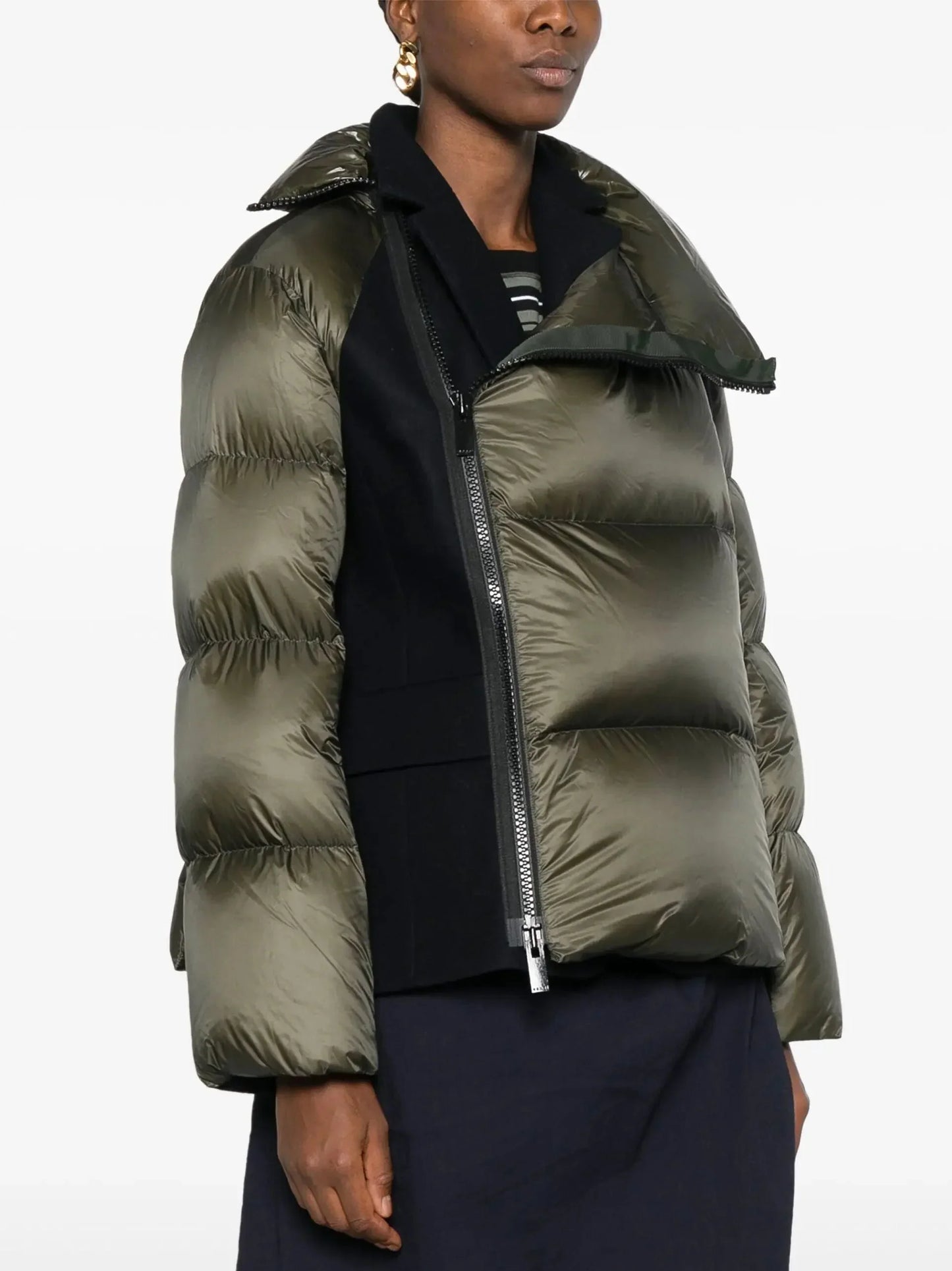 Paneled Feather Down Jacket in Olive Green and Black - Jackets