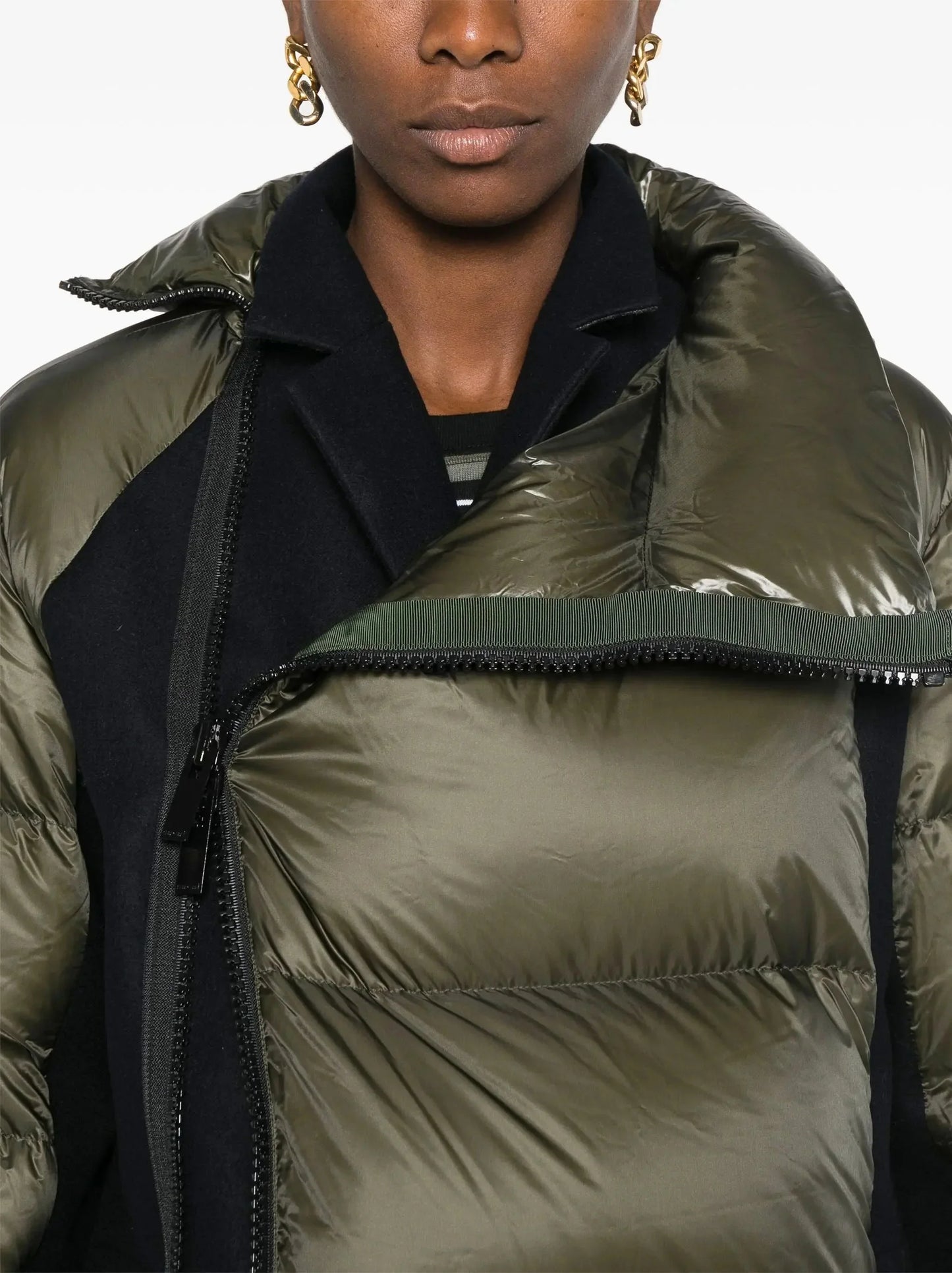 Paneled Feather Down Jacket in Olive Green and Black - Jackets