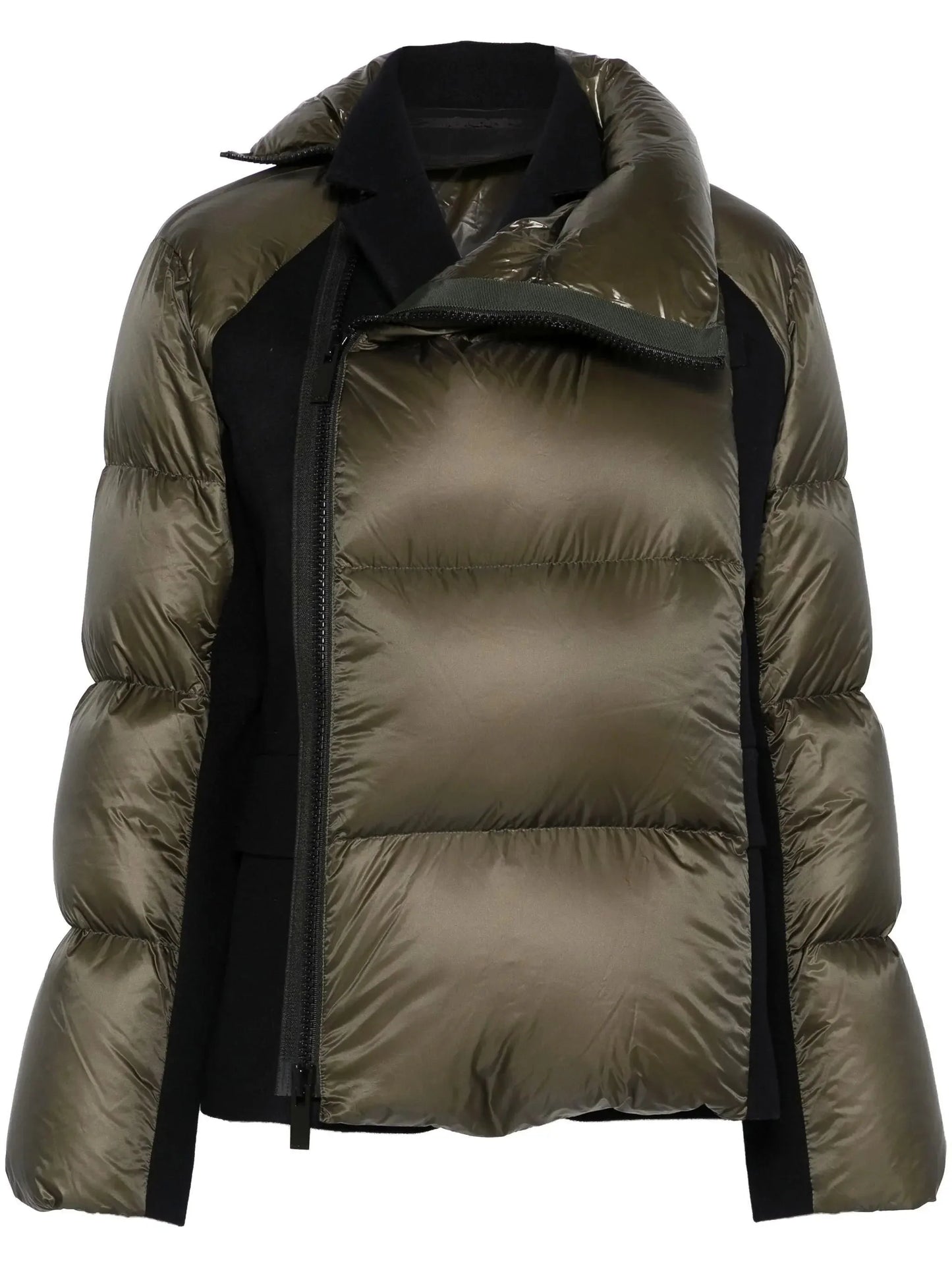 Paneled Feather Down Jacket in Olive Green and Black - Jackets