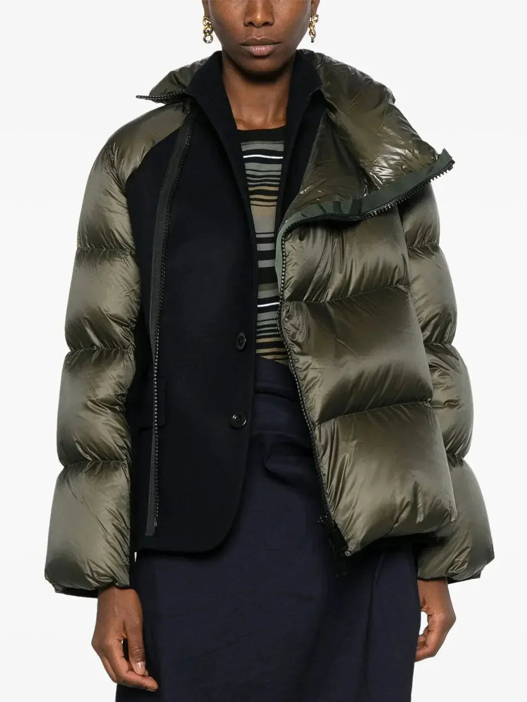 Paneled Feather Down Jacket in Olive Green and Black - Jackets