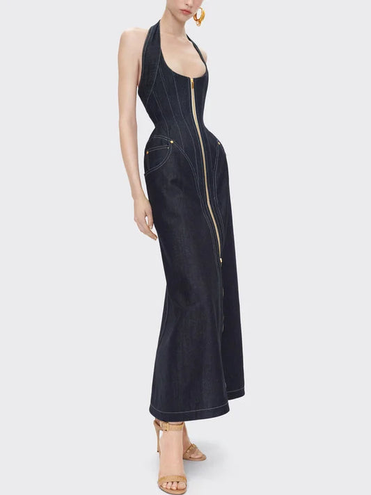 Paneled Hourglass Denim Halter Maxi Dress - Dresses