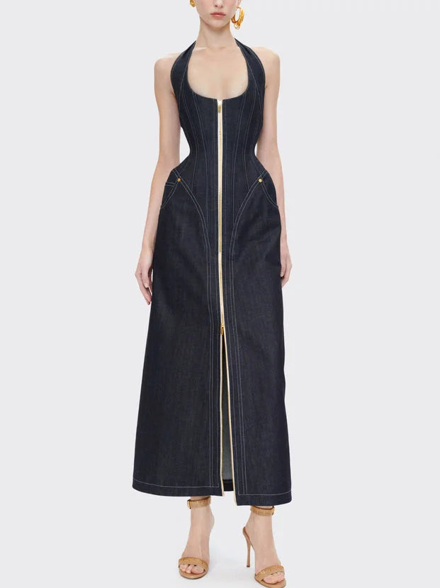 Paneled Hourglass Denim Halter Maxi Dress