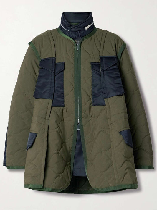 Olive green paneled quilted two-tone parka jacket with navy accents