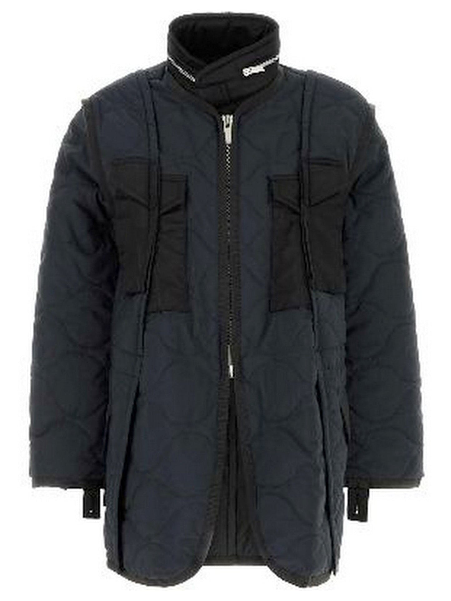 Navy paneled quilted two-tone parka jacket with stylish black accents
