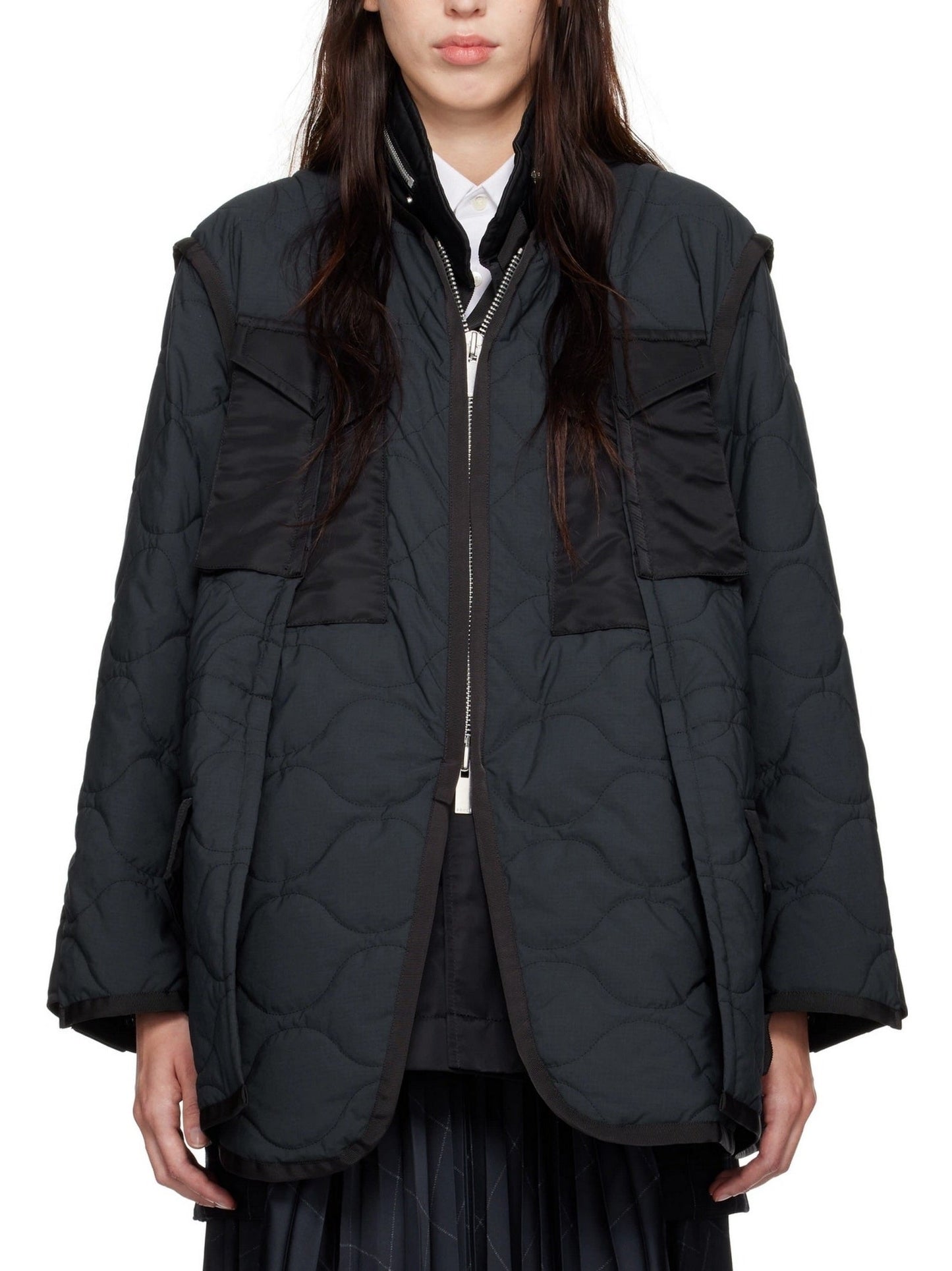 Black quilted jacket featured in Paneled Quilted Two-Tone Parka Jacket in Navy