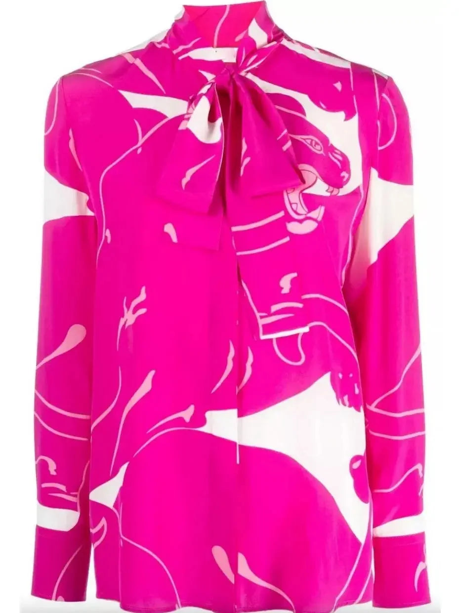 Panther Print Silk Blouse - Tops