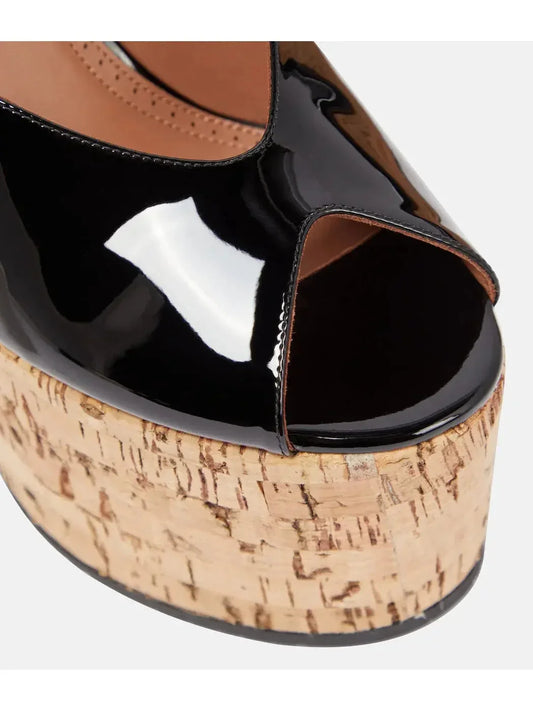 Patent Leather Peep-Toe Wedge Sandals in Black - Footwear