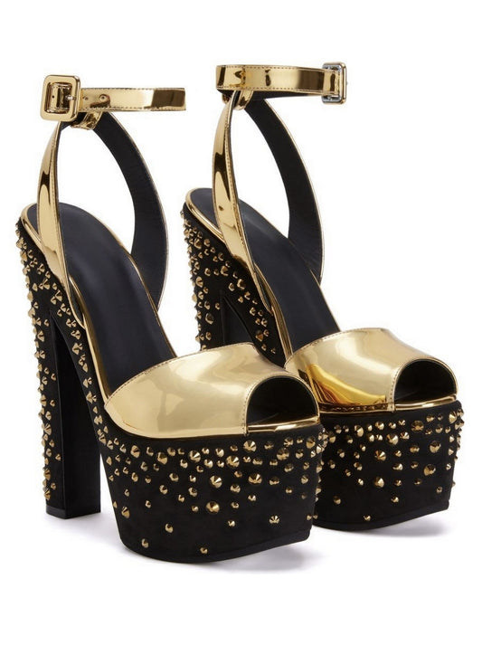 Gold and black patent leather studded platform sandals with eye-catching design